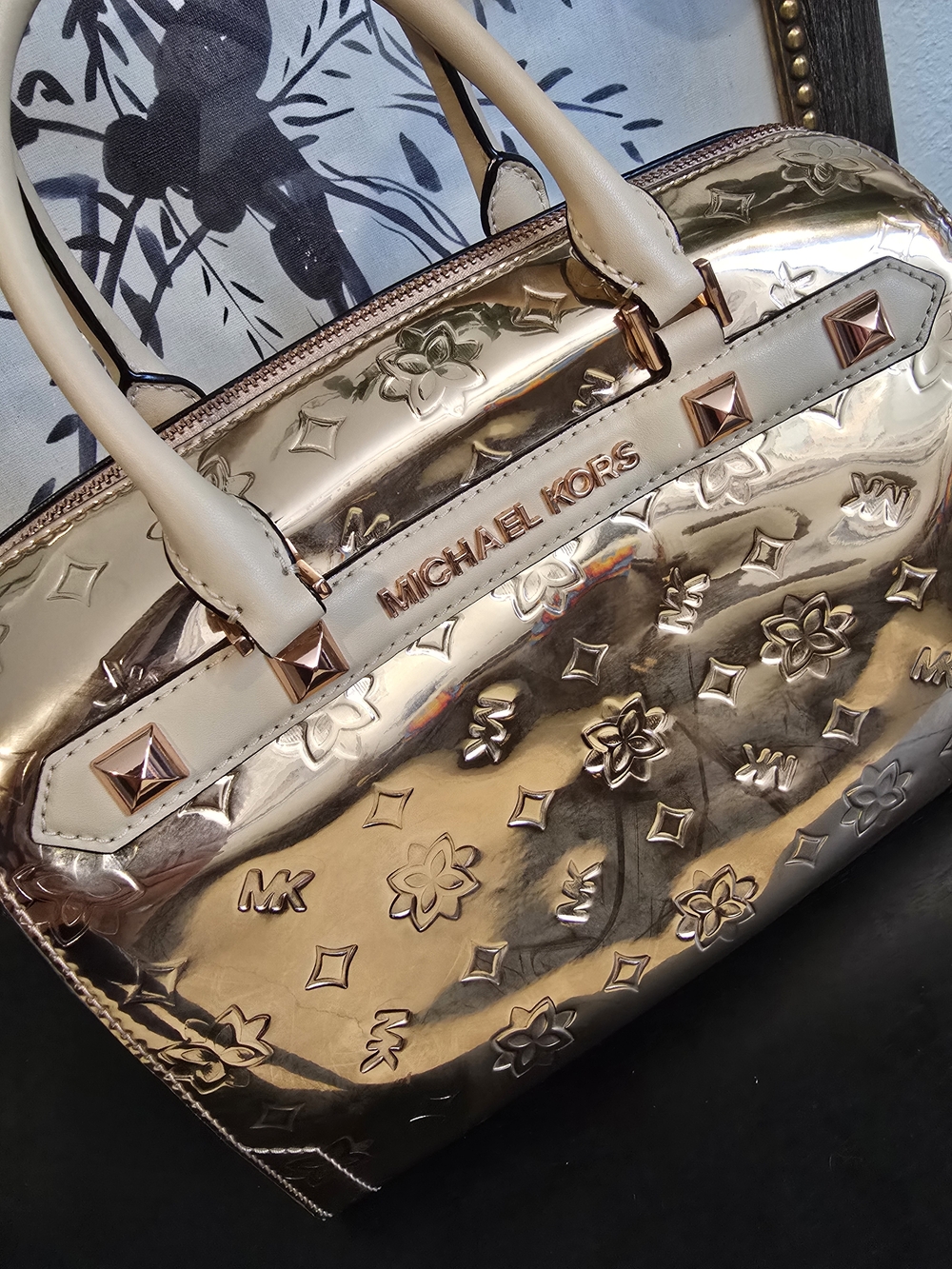 Michael Kors Kara Mirror Metallic Embossed Large Duffle Satchel Bag Rose Gold - Picture 2 of 14